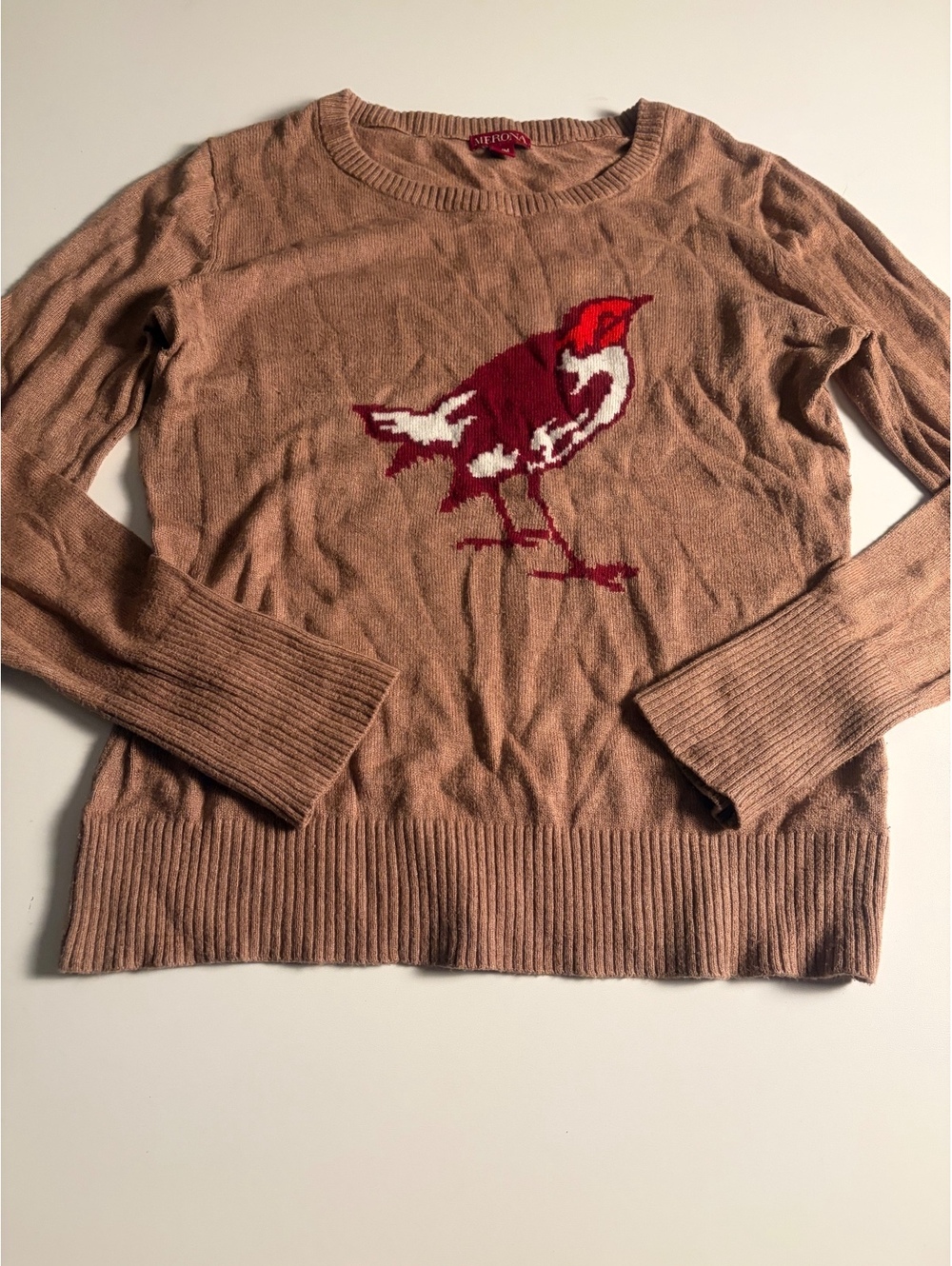 Merona Women's Medium Brown Sweater with Bird Design